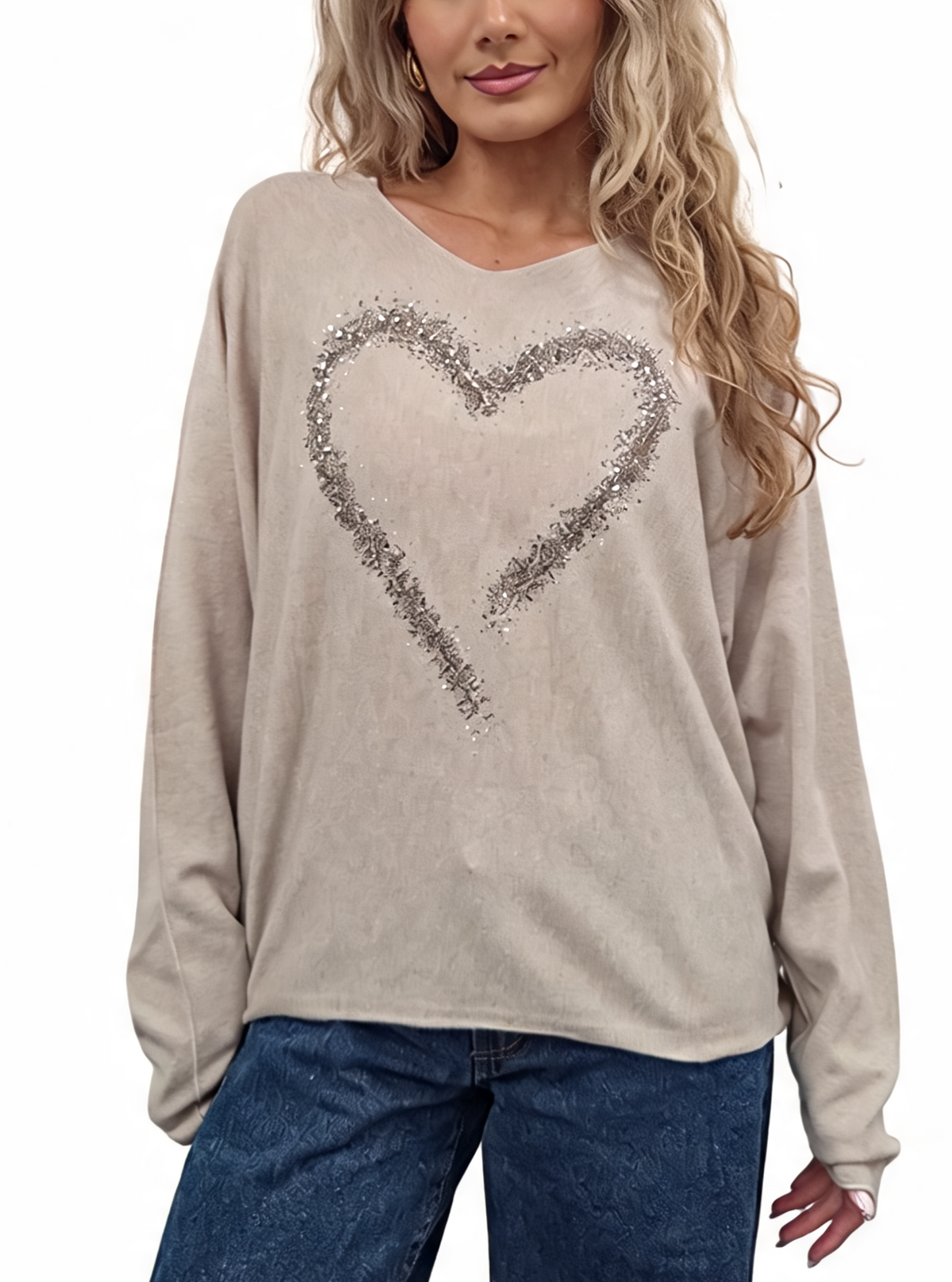 Oversized Sparkle Heart V-Neck Relaxed Fit Lightweight Knit Jumper
