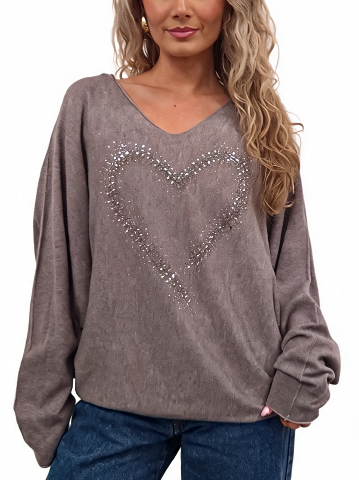 Oversized Sparkle Heart V-Neck Relaxed Fit Lightweight Knit Jumper