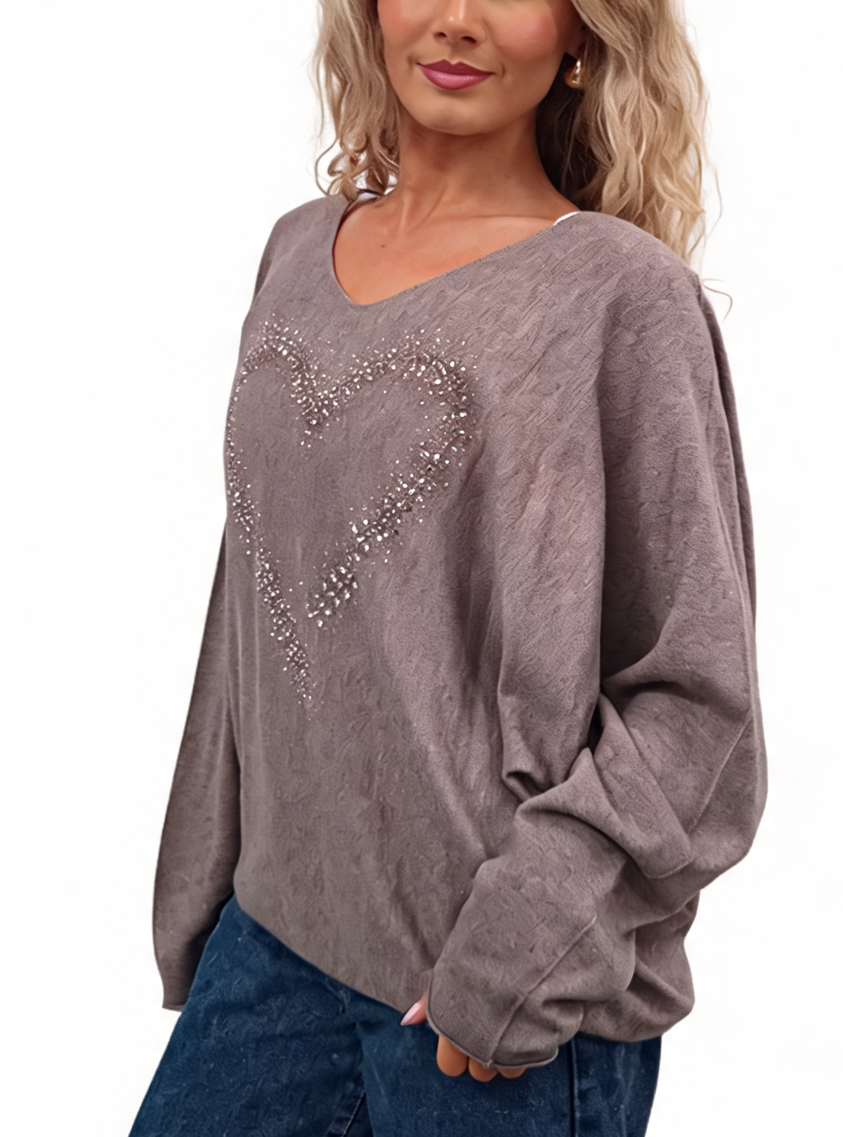 Oversized Sparkle Heart V-Neck Relaxed Fit Lightweight Knit Jumper