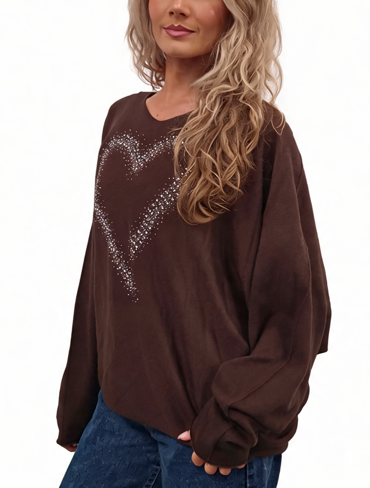Oversized Sparkle Heart V-Neck Relaxed Fit Lightweight Knit Jumper