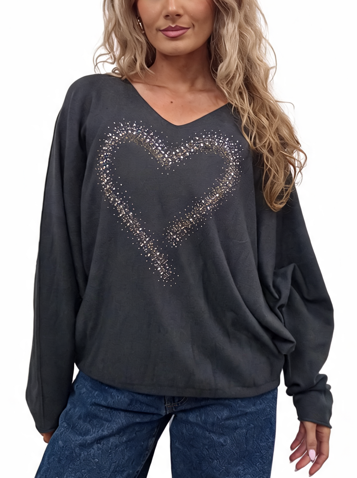 Oversized Sparkle Heart V-Neck Relaxed Fit Lightweight Knit Jumper