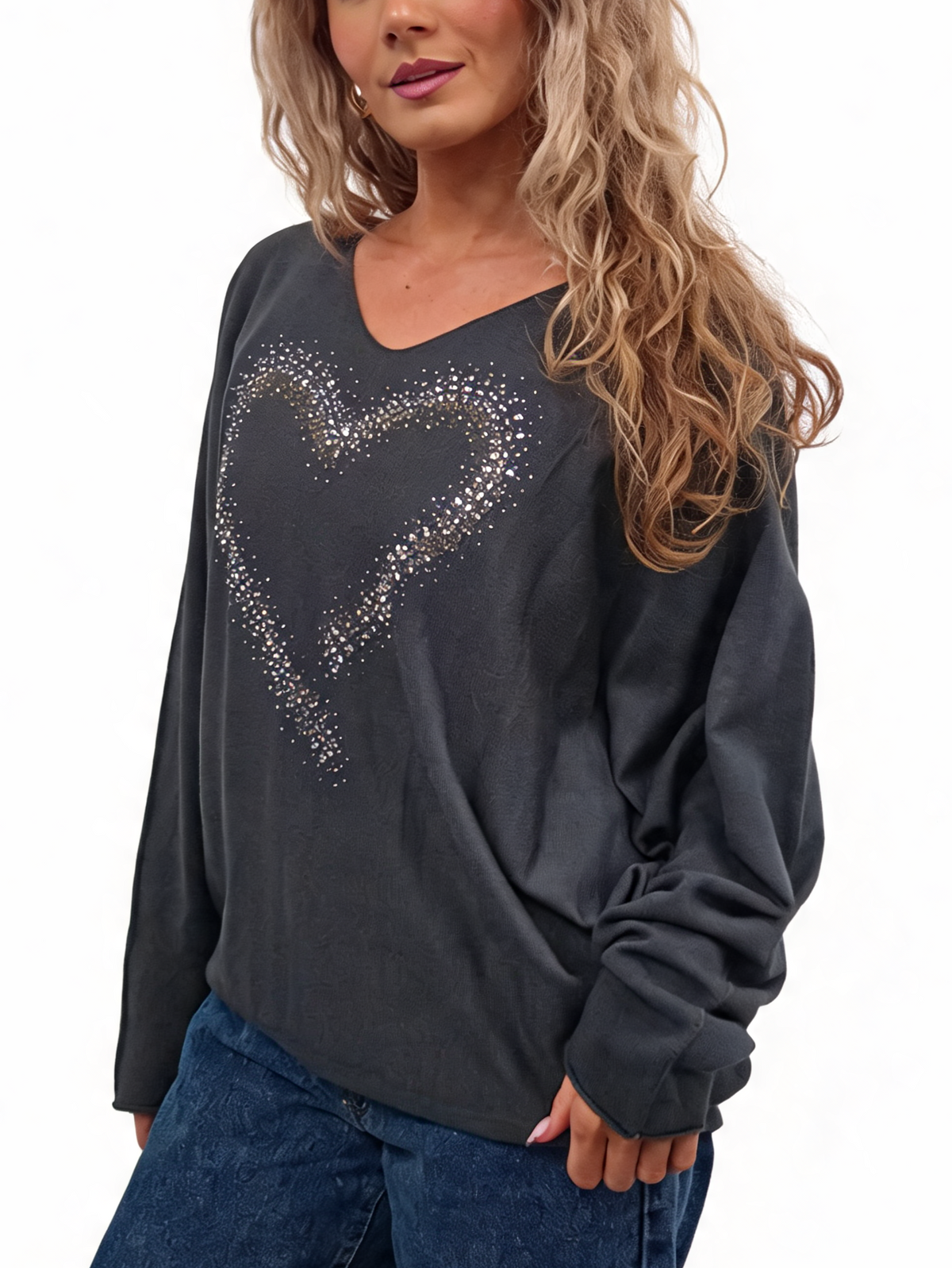 Oversized Sparkle Heart V-Neck Relaxed Fit Lightweight Knit Jumper