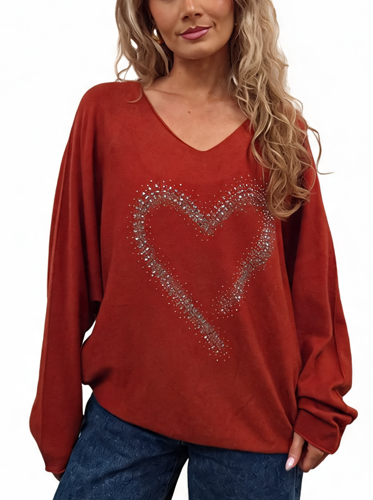 Oversized Sparkle Heart V-Neck Relaxed Fit Lightweight Knit Jumper