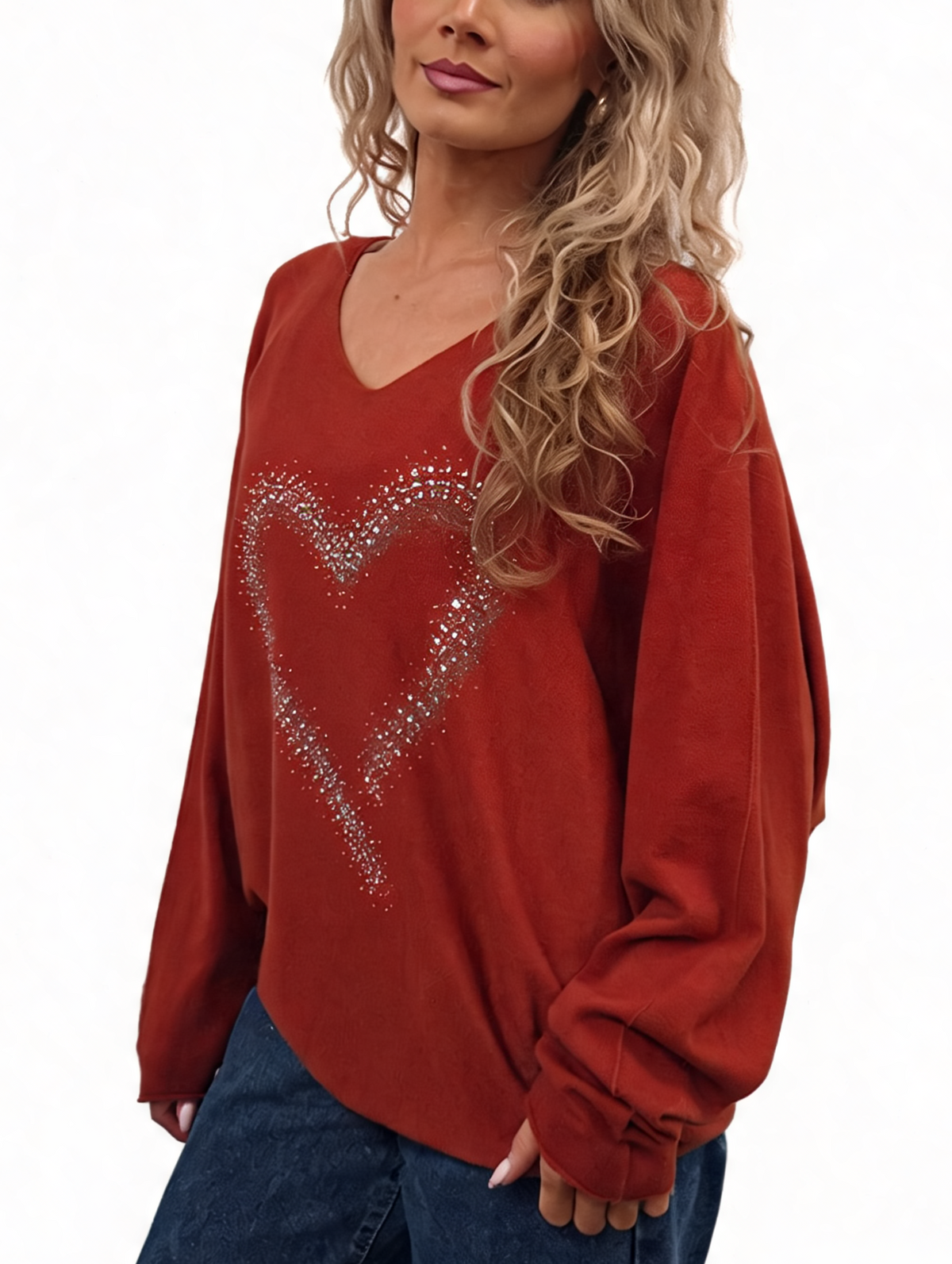 Oversized Sparkle Heart V-Neck Relaxed Fit Lightweight Knit Jumper