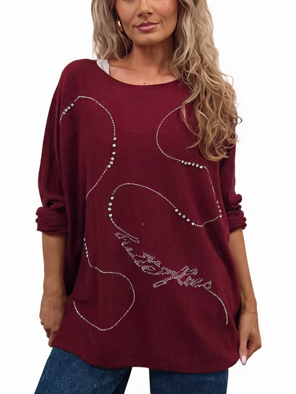 Oversized Crystal & Pearl Embellished Boat Neck with Abstract Line Art Design and Side Splits Jumper
