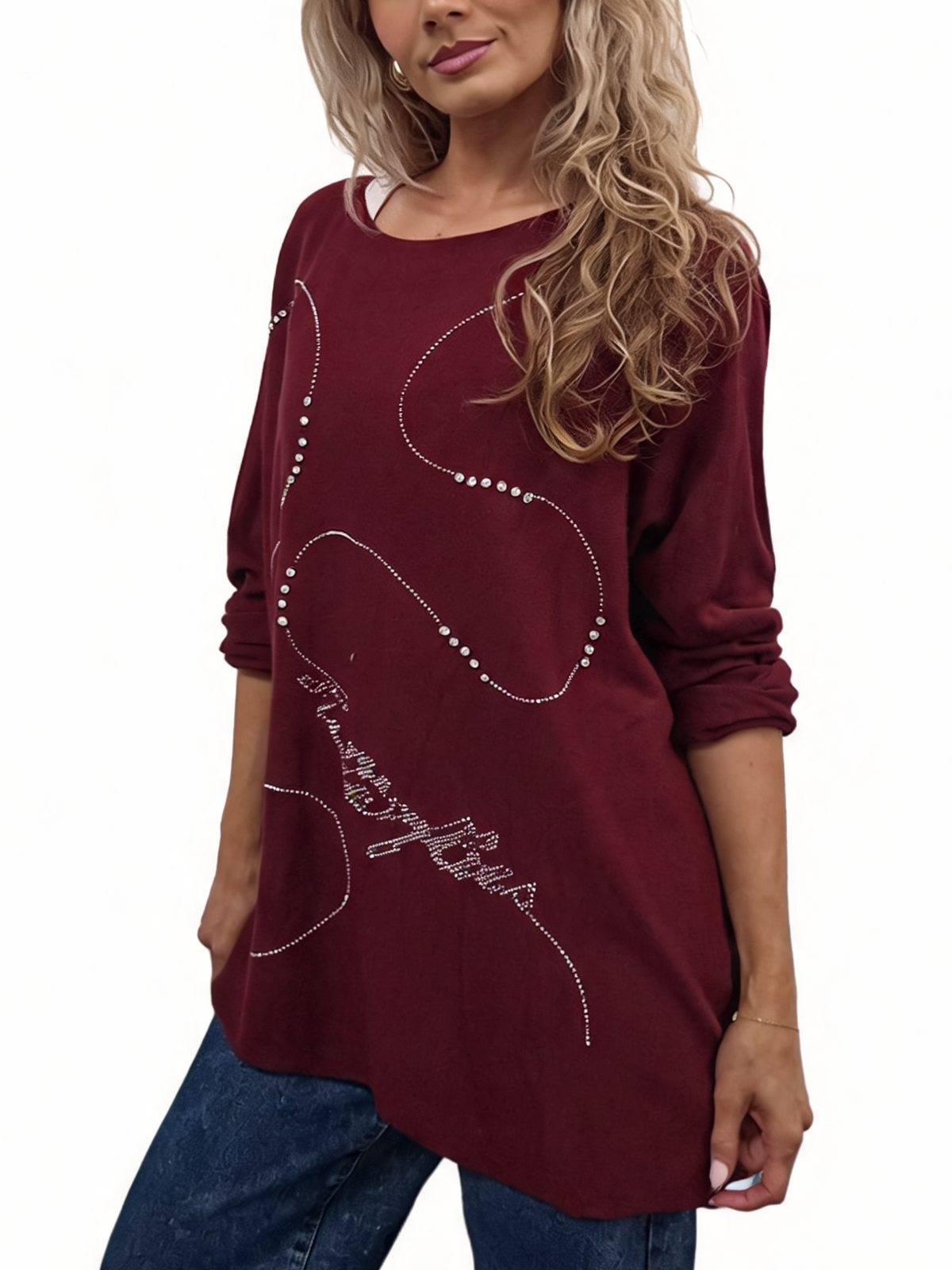 Oversized Crystal & Pearl Embellished Boat Neck with Abstract Line Art Design and Side Splits Jumper