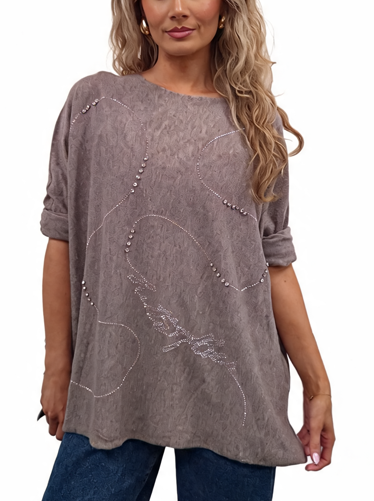 Oversized Crystal & Pearl Embellished Boat Neck with Abstract Line Art Design and Side Splits Jumper