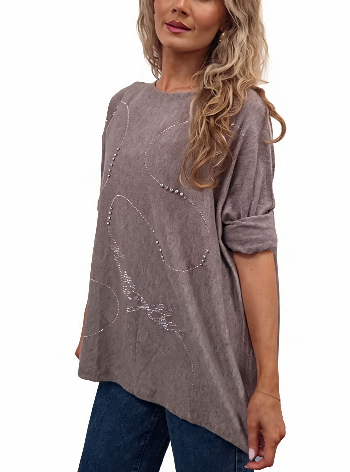 Oversized Crystal & Pearl Embellished Boat Neck with Abstract Line Art Design and Side Splits Jumper