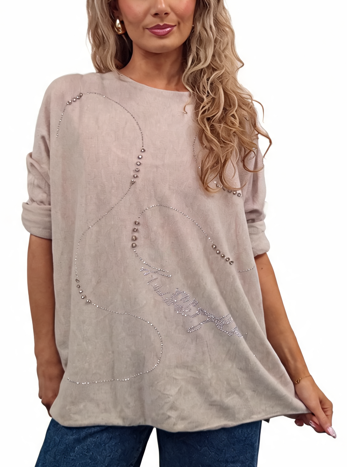 Oversized Crystal & Pearl Embellished Boat Neck with Abstract Line Art Design and Side Splits Jumper