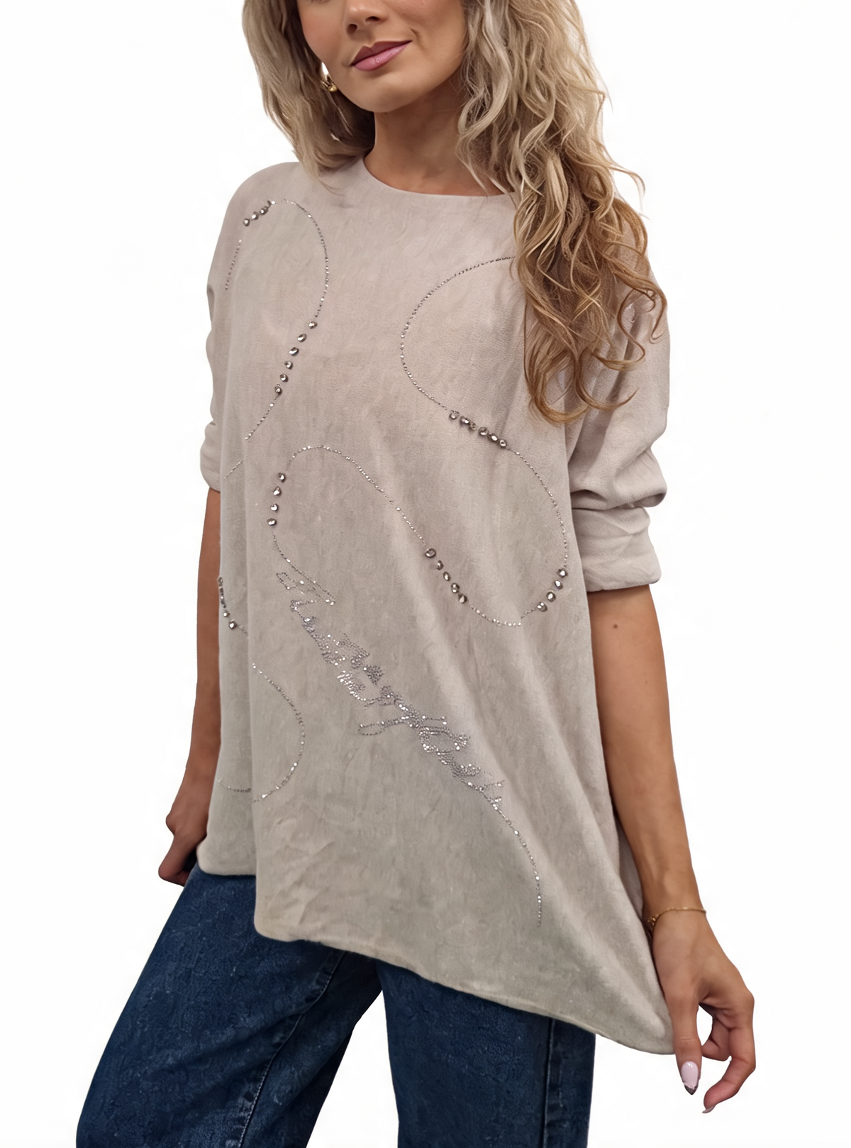 Oversized Crystal & Pearl Embellished Boat Neck with Abstract Line Art Design and Side Splits Jumper