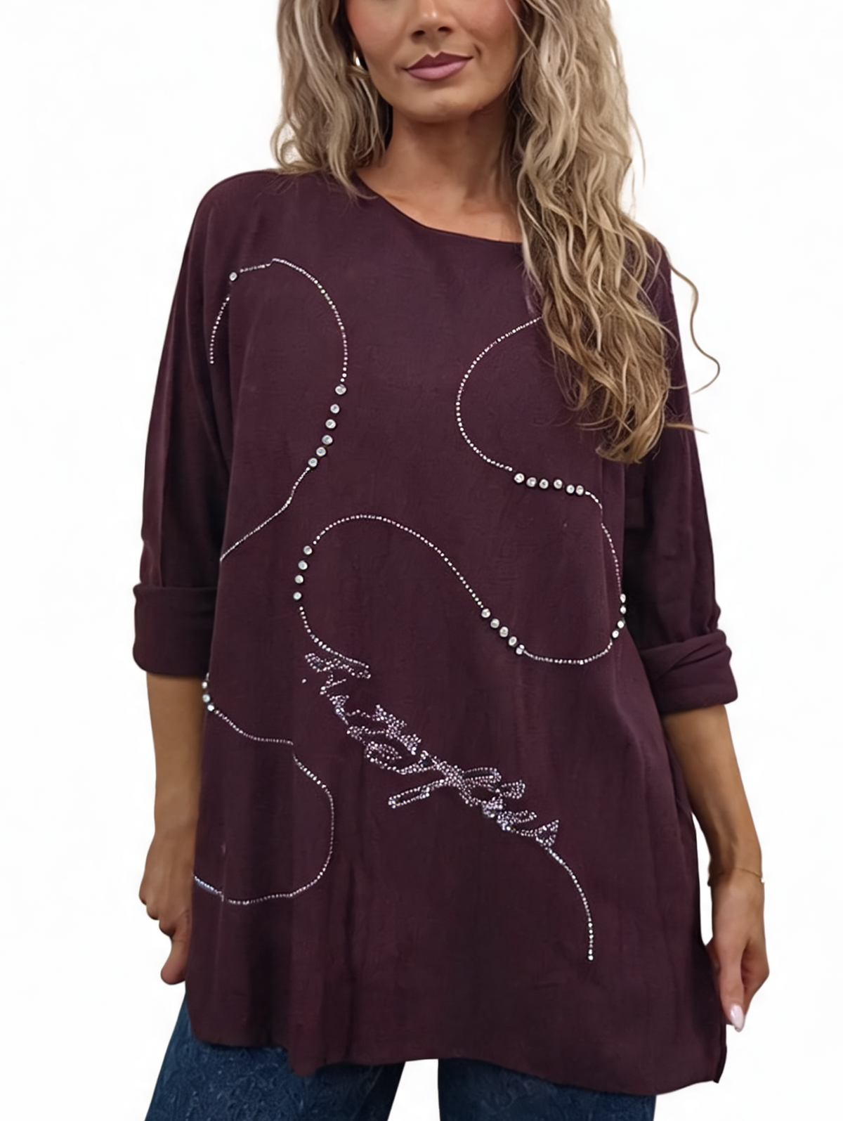 Oversized Crystal & Pearl Embellished Boat Neck with Abstract Line Art Design and Side Splits Jumper
