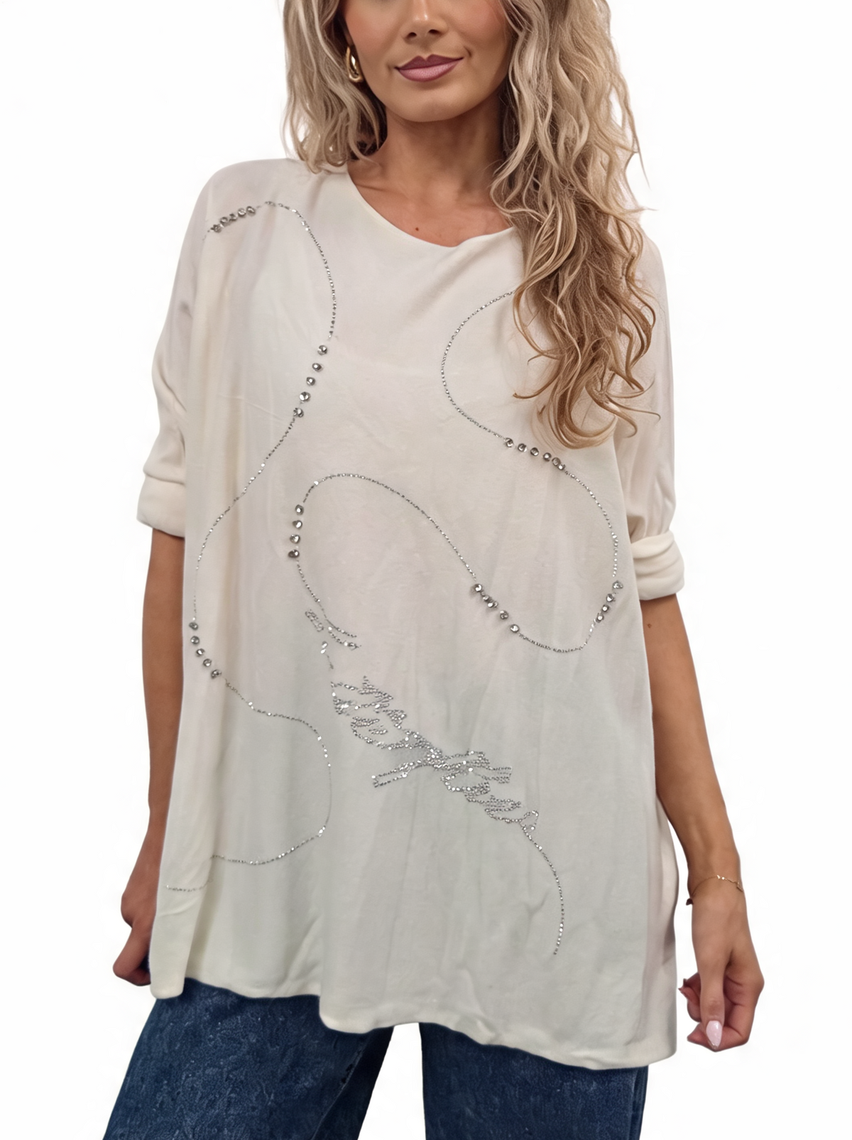 Oversized Crystal & Pearl Embellished Boat Neck with Abstract Line Art Design and Side Splits Jumper