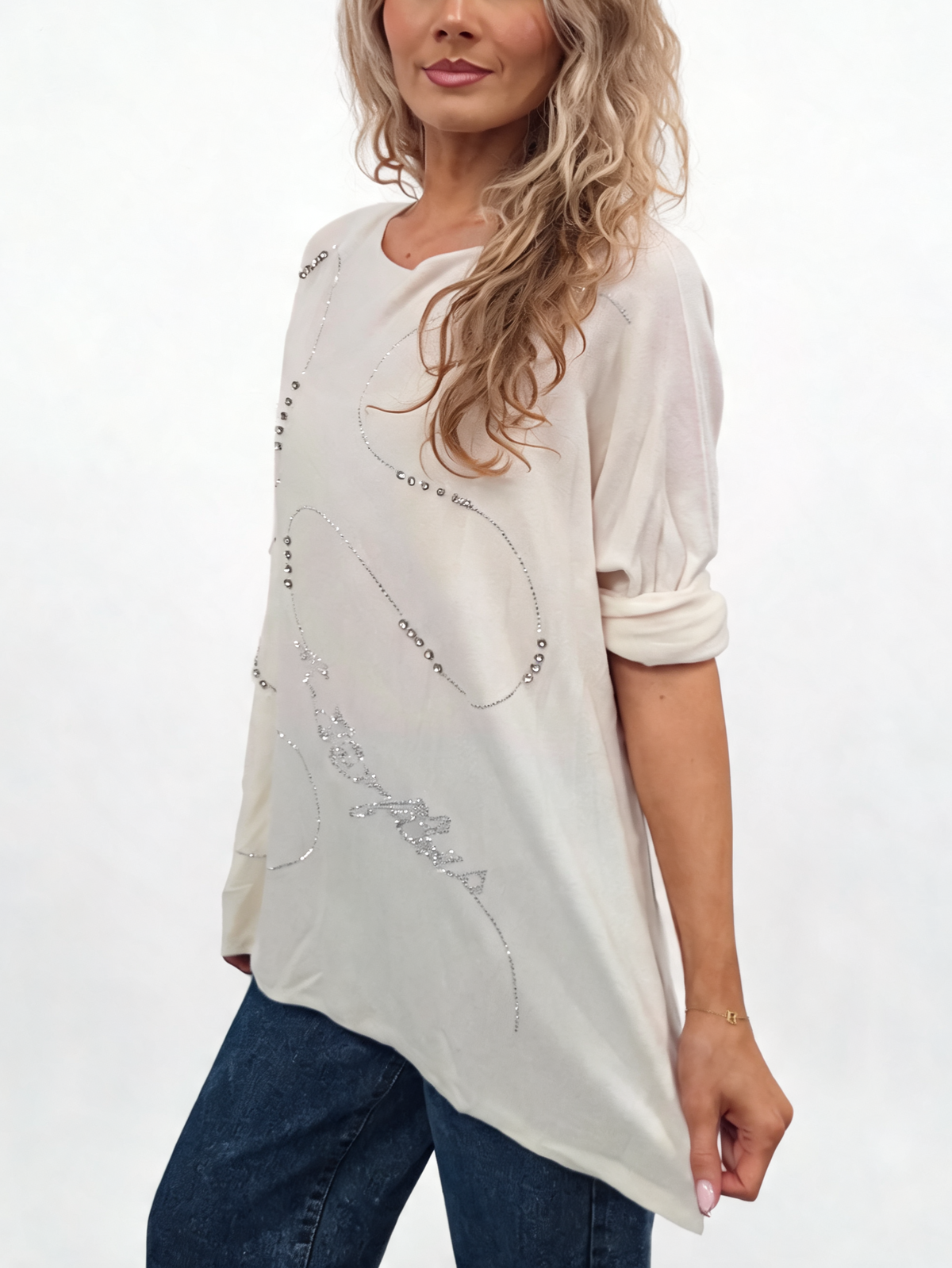 Oversized Crystal & Pearl Embellished Boat Neck with Abstract Line Art Design and Side Splits Jumper