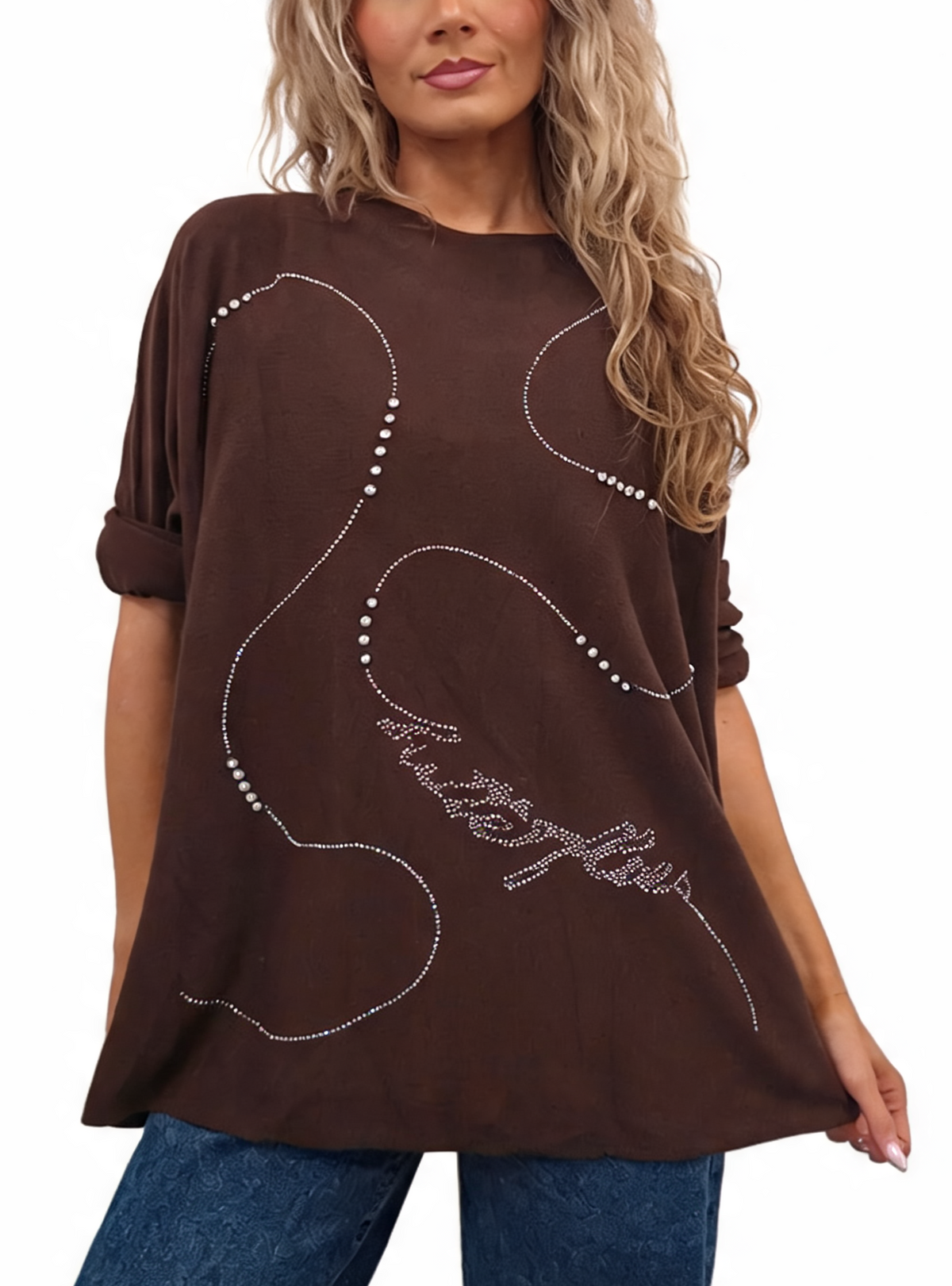Oversized Crystal & Pearl Embellished Boat Neck with Abstract Line Art Design and Side Splits Jumper