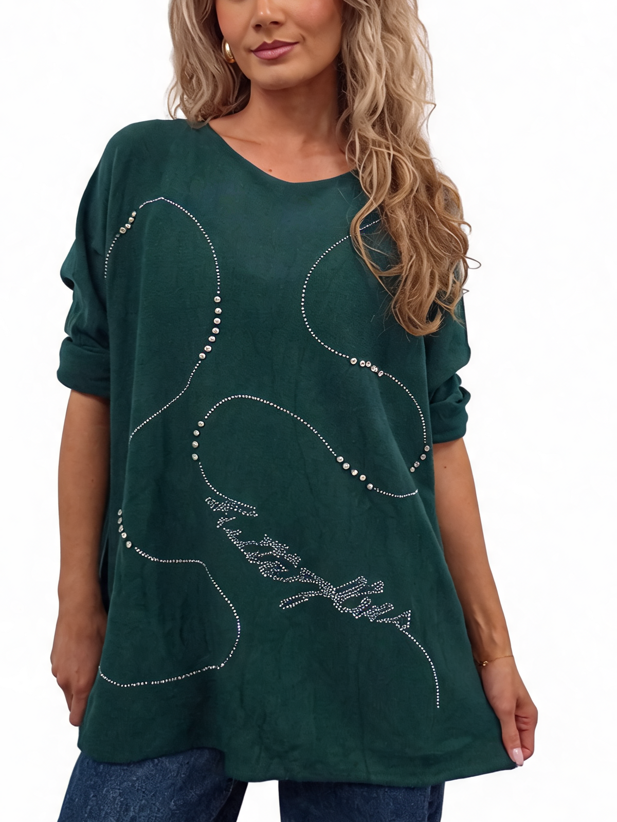 Oversized Crystal & Pearl Embellished Boat Neck with Abstract Line Art Design and Side Splits Jumper