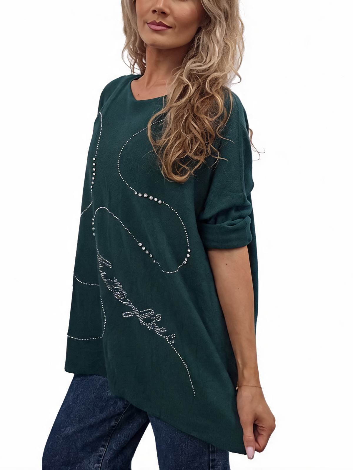 Oversized Crystal & Pearl Embellished Boat Neck with Abstract Line Art Design and Side Splits Jumper