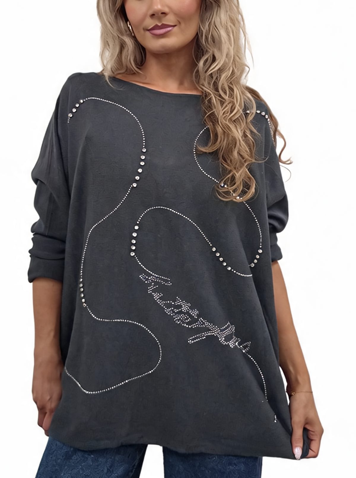 Oversized Crystal & Pearl Embellished Boat Neck with Abstract Line Art Design and Side Splits Jumper