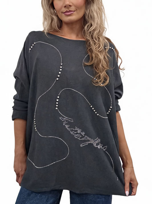 Oversized Crystal & Pearl Embellished Boat Neck with Abstract Line Art Design and Side Splits Jumper