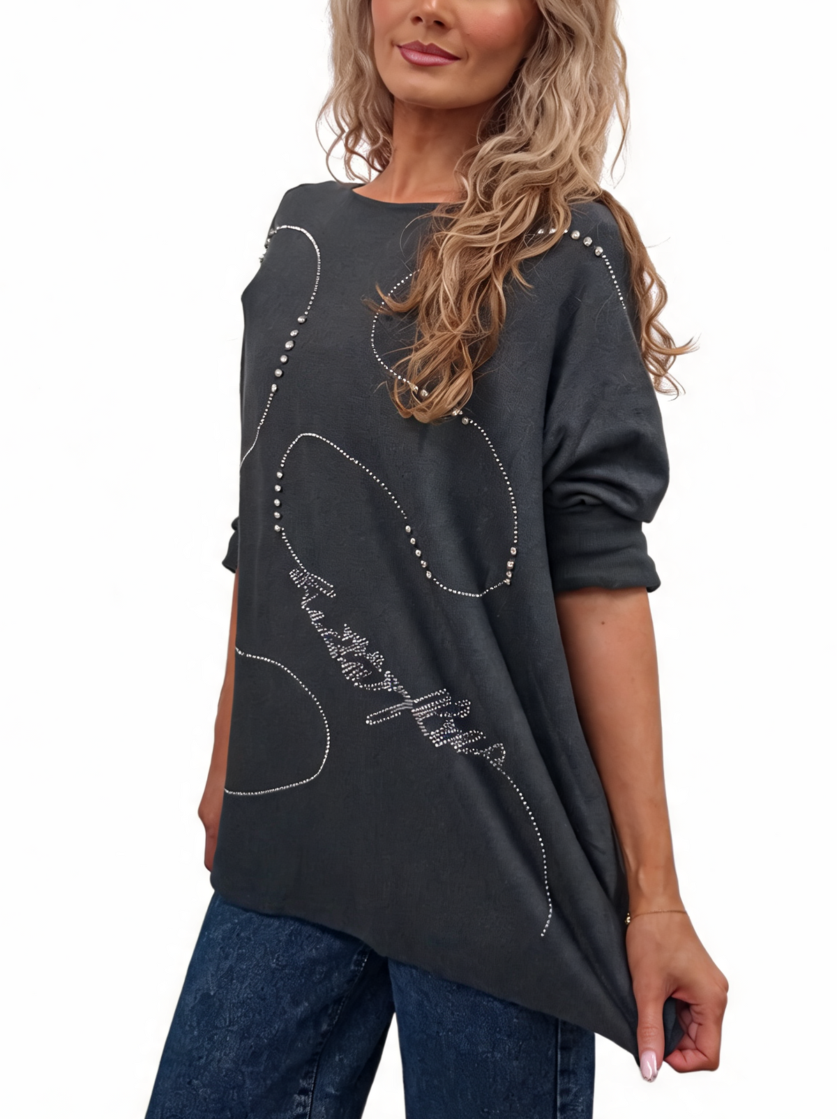 Oversized Crystal & Pearl Embellished Boat Neck with Abstract Line Art Design and Side Splits Jumper