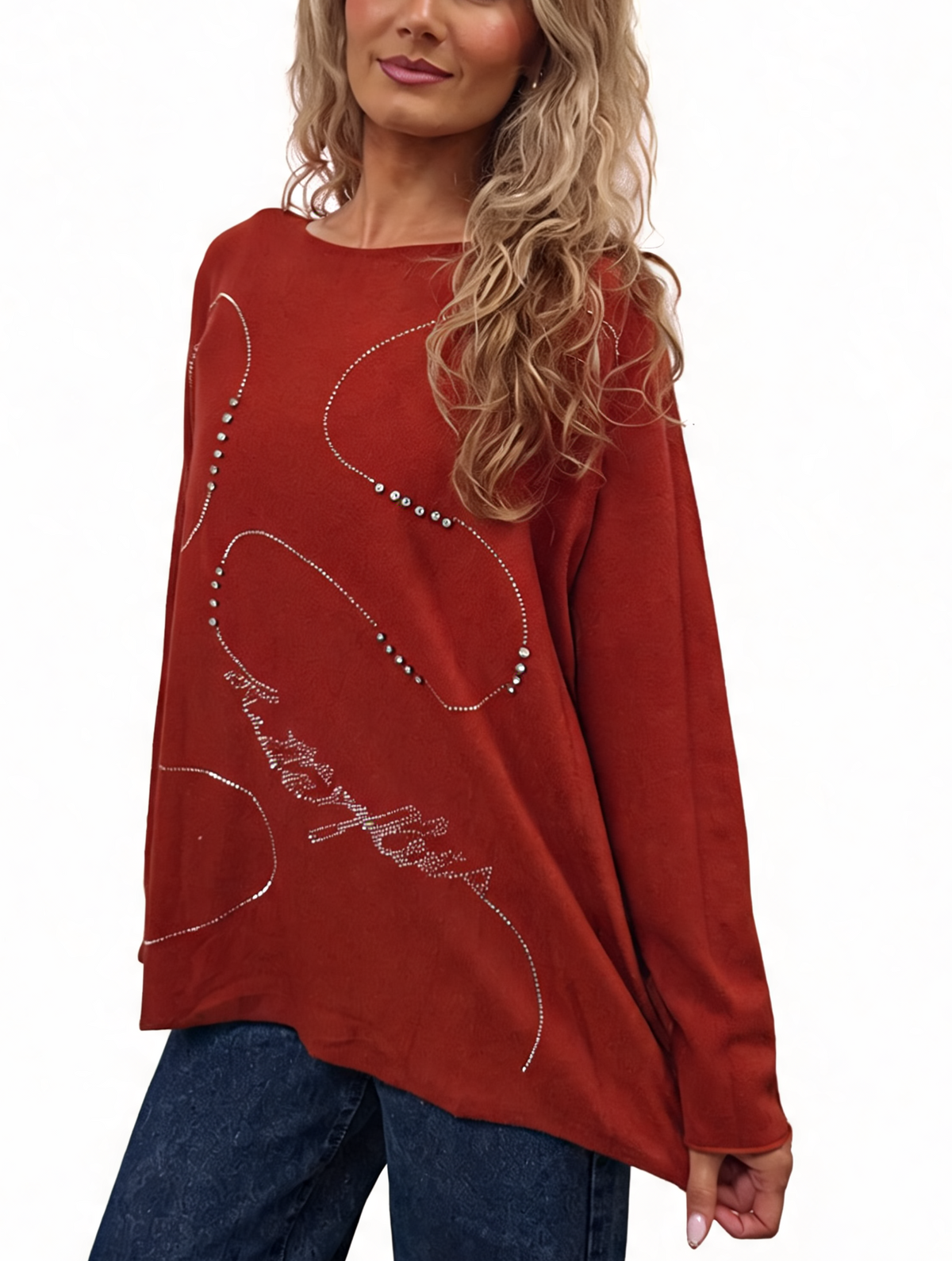 Oversized Crystal & Pearl Embellished Boat Neck with Abstract Line Art Design and Side Splits Jumper