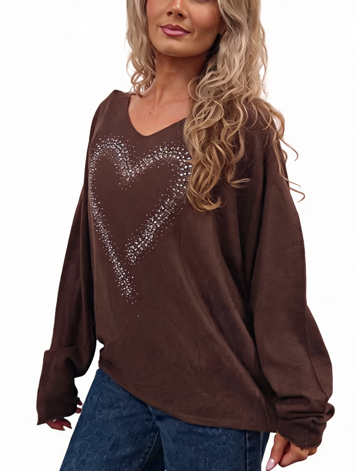 Oversized Sparkle Heart V-Neck Relaxed Fit Lightweight Knit Jumper