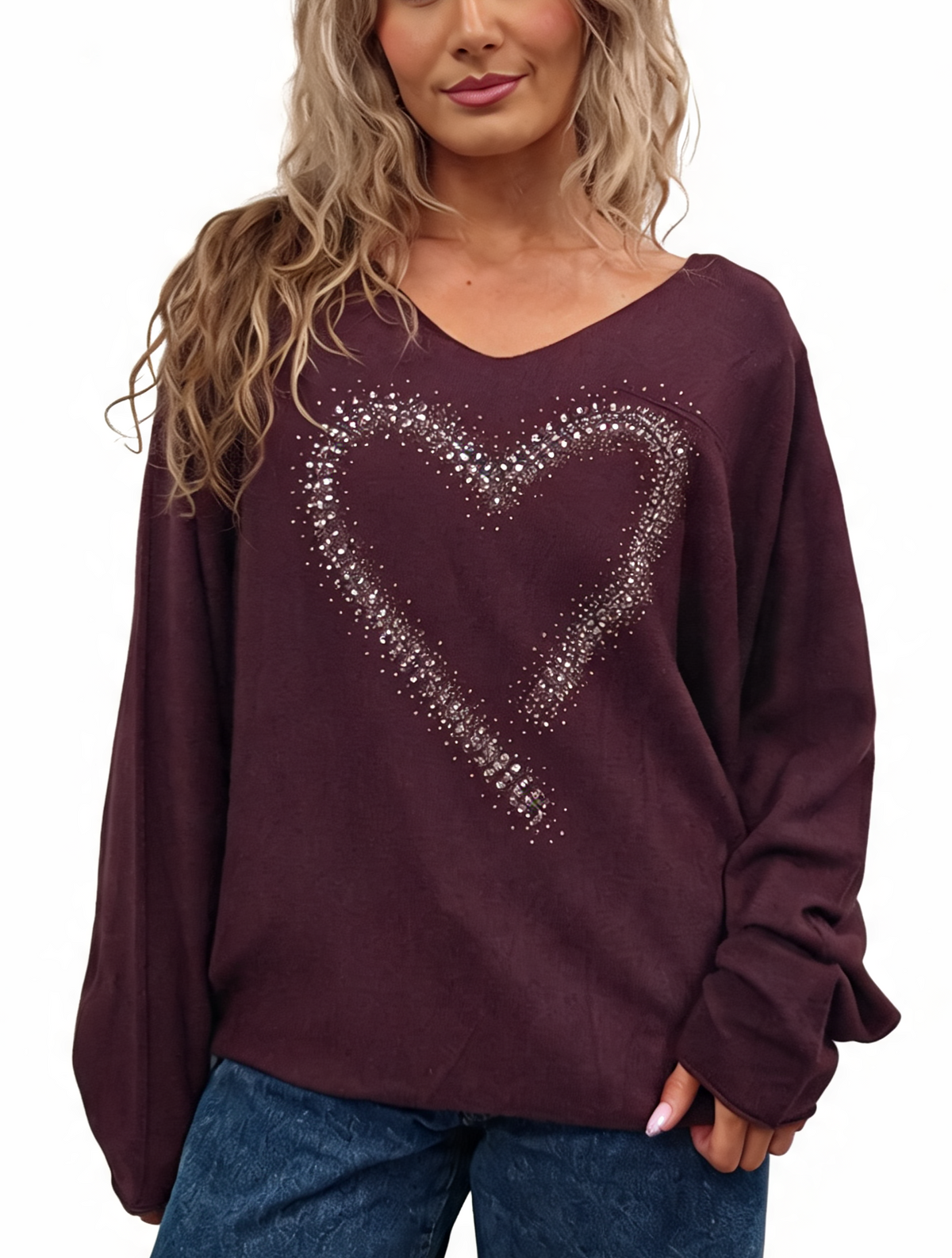 Oversized Sparkle Heart V-Neck Relaxed Fit Lightweight Knit Jumper