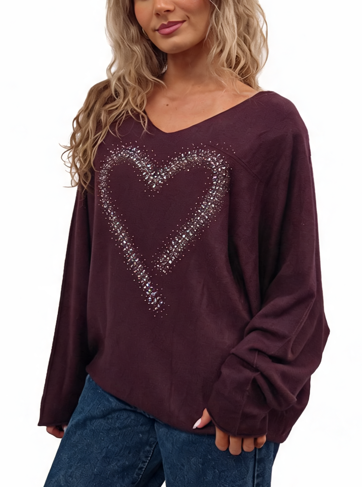 Oversized Sparkle Heart V-Neck Relaxed Fit Lightweight Knit Jumper