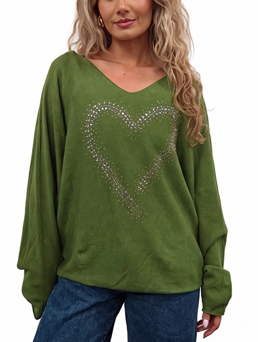 Oversized Sparkle Heart V-Neck Relaxed Fit Lightweight Knit Jumper