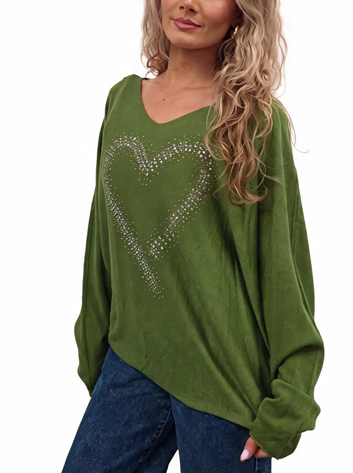 Oversized Sparkle Heart V-Neck Relaxed Fit Lightweight Knit Jumper