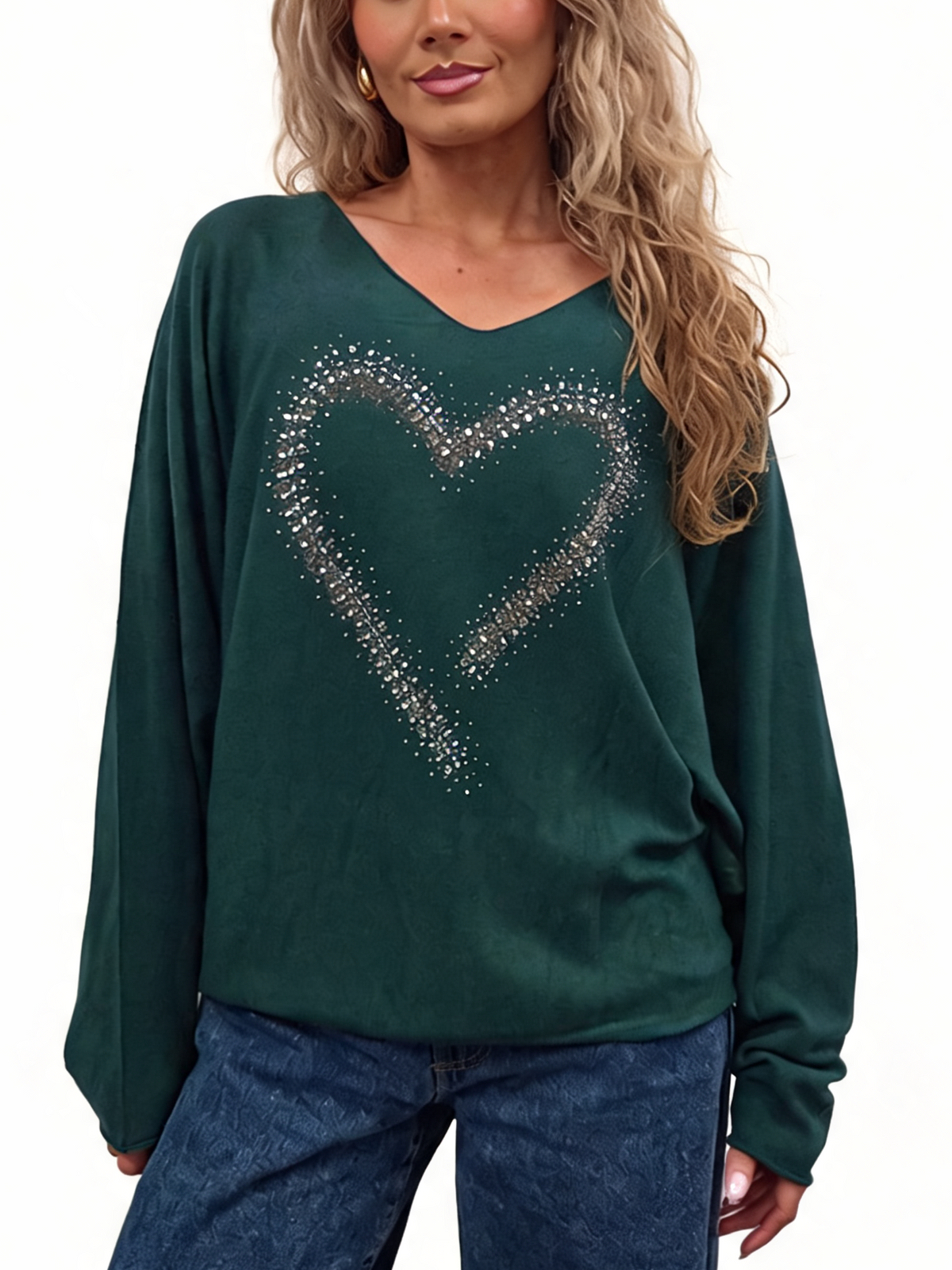 Oversized Sparkle Heart V-Neck Relaxed Fit Lightweight Knit Jumper