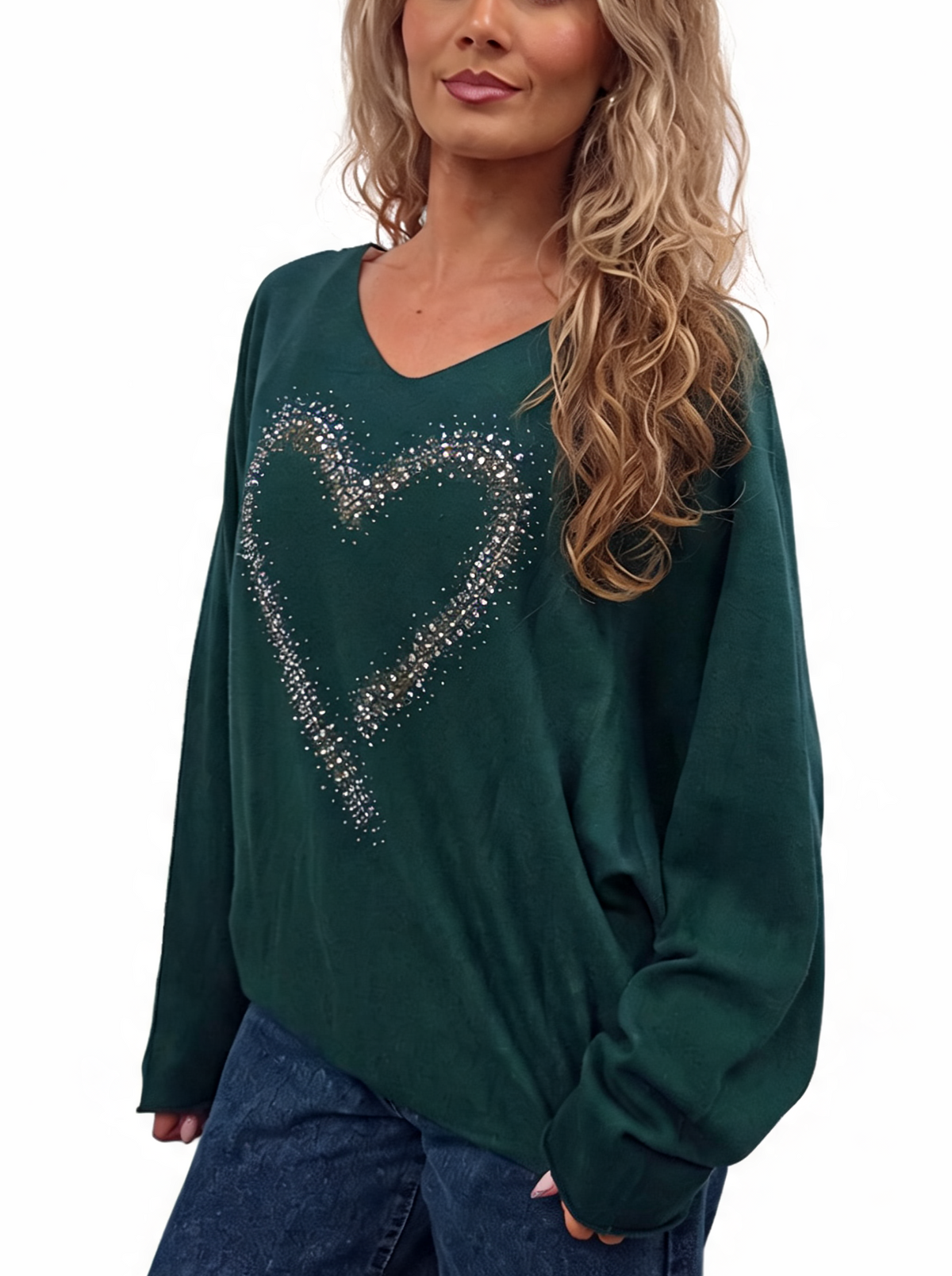 Oversized Sparkle Heart V-Neck Relaxed Fit Lightweight Knit Jumper