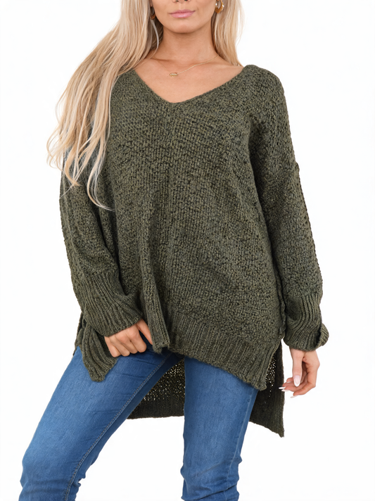 Oversized V-Neck Knit Jumper with High-Low Hem and Side Splits