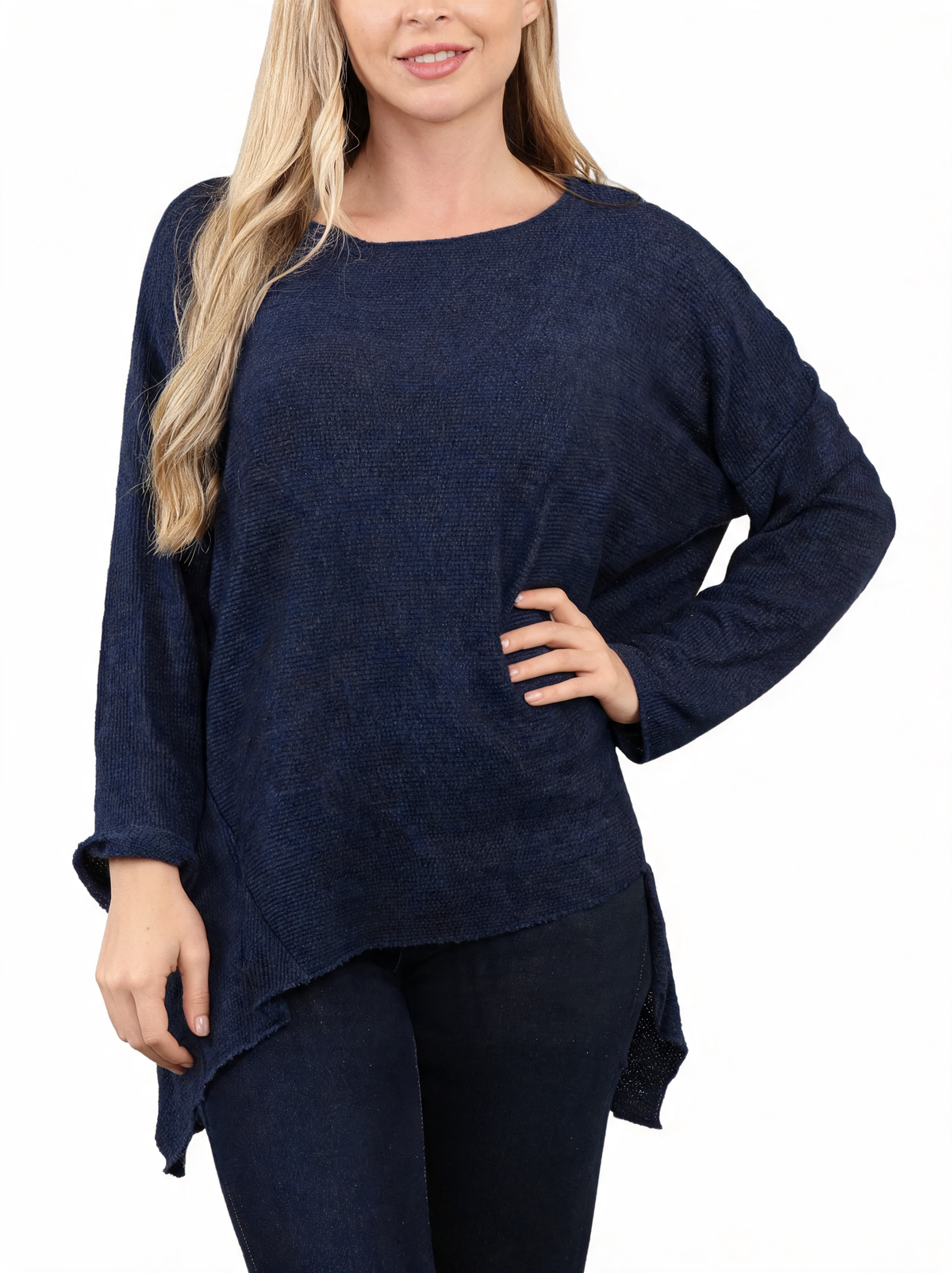 Navy fine-knit ribbed jumper, crew neck, long sleeves, curved hem detail at sides