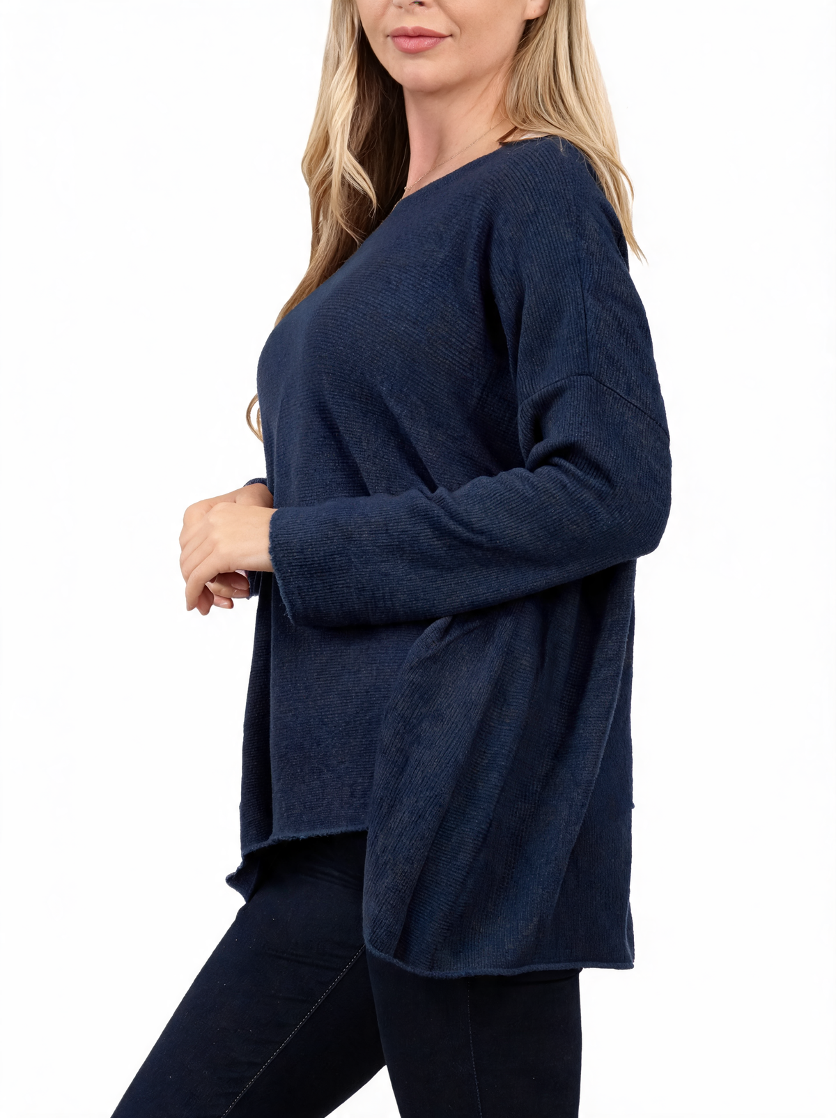 Navy fine-knit ribbed jumper with crew neck, long sleeves, front view, uneven hem
