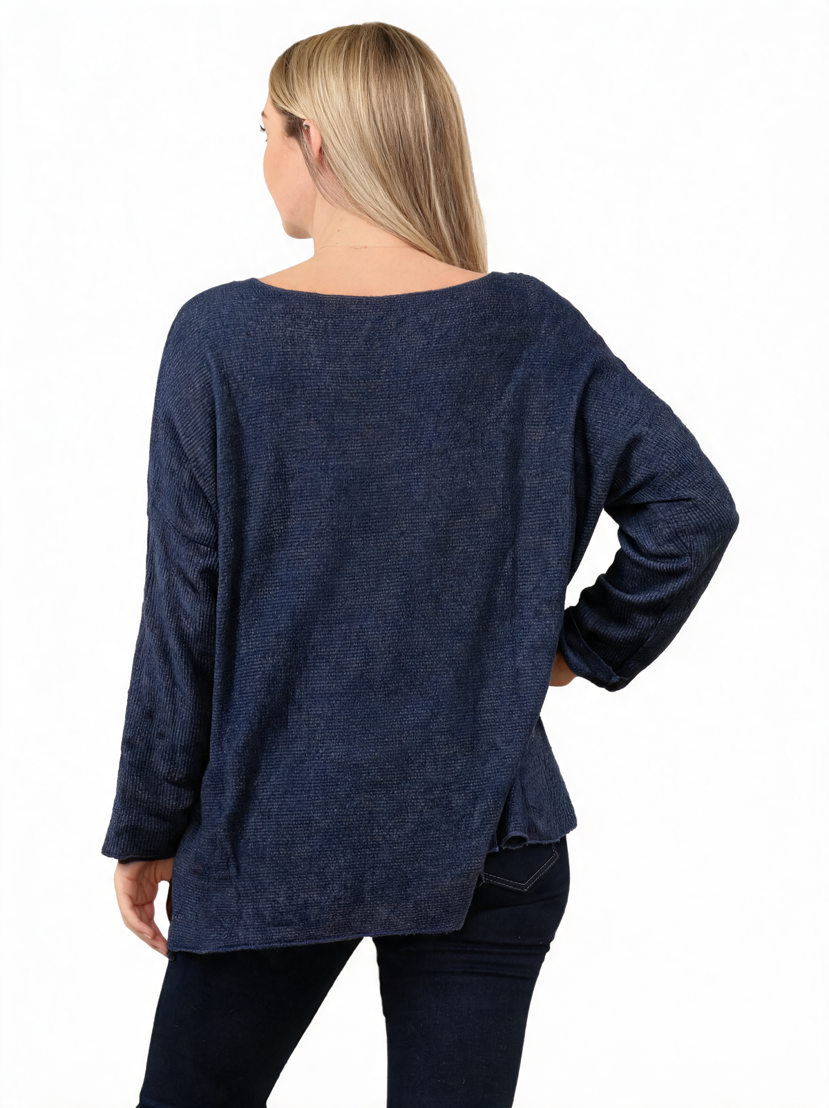 Navy fine-knit ribbed jumper, crew neck, long sleeves, back view with curved hem