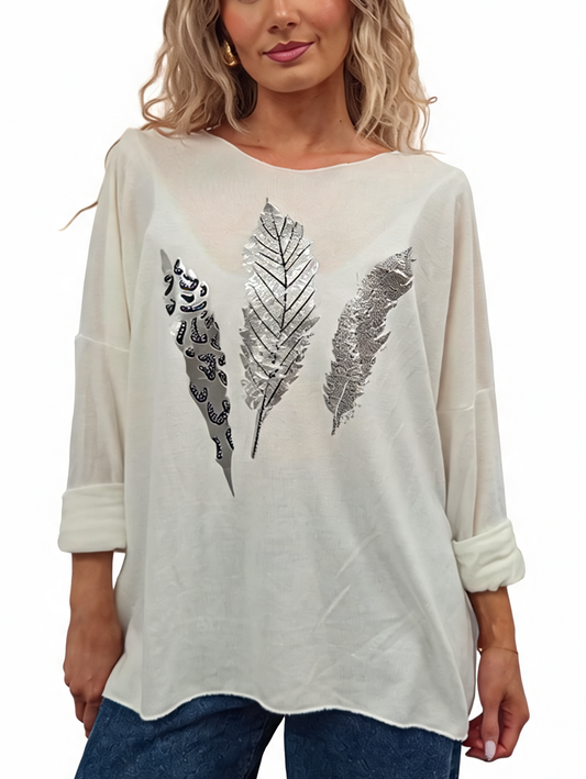 Oversized Metallic Feather Print with Foil Feather Design Jumper