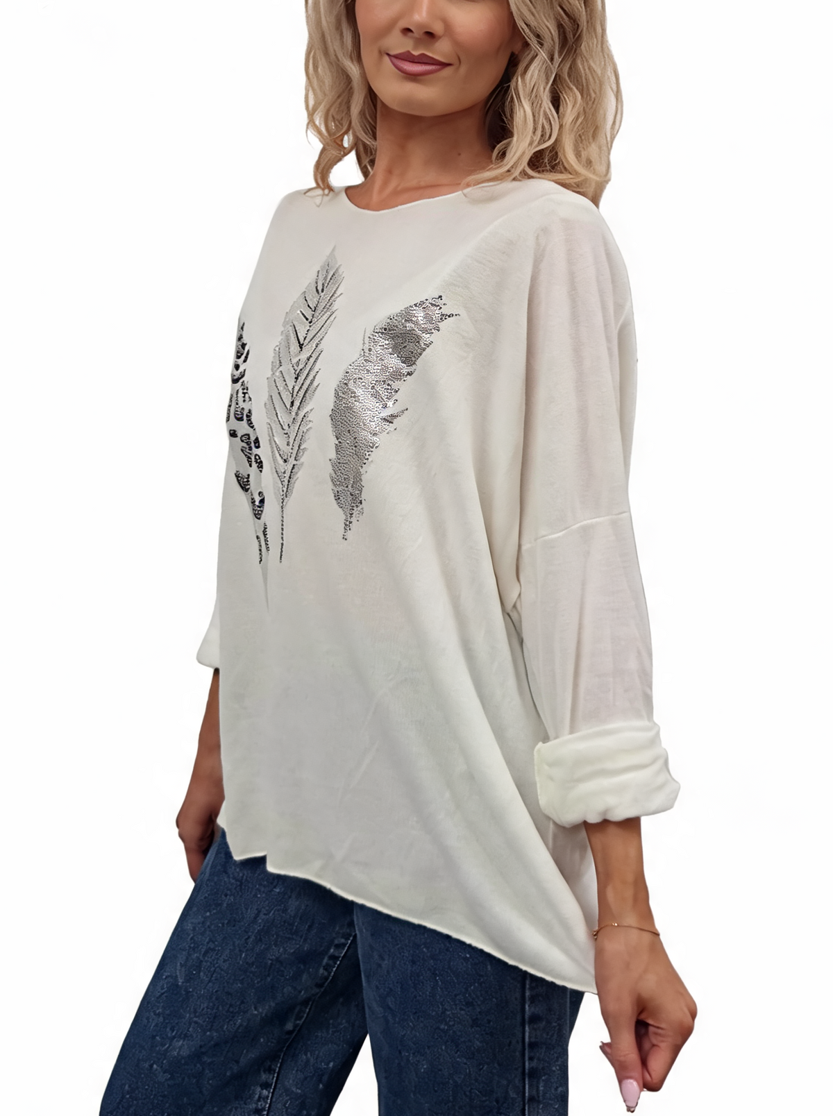 Oversized Metallic Feather Print with Foil Feather Design Jumper