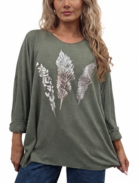 Oversized Metallic Feather Print with Foil Feather Design Jumper