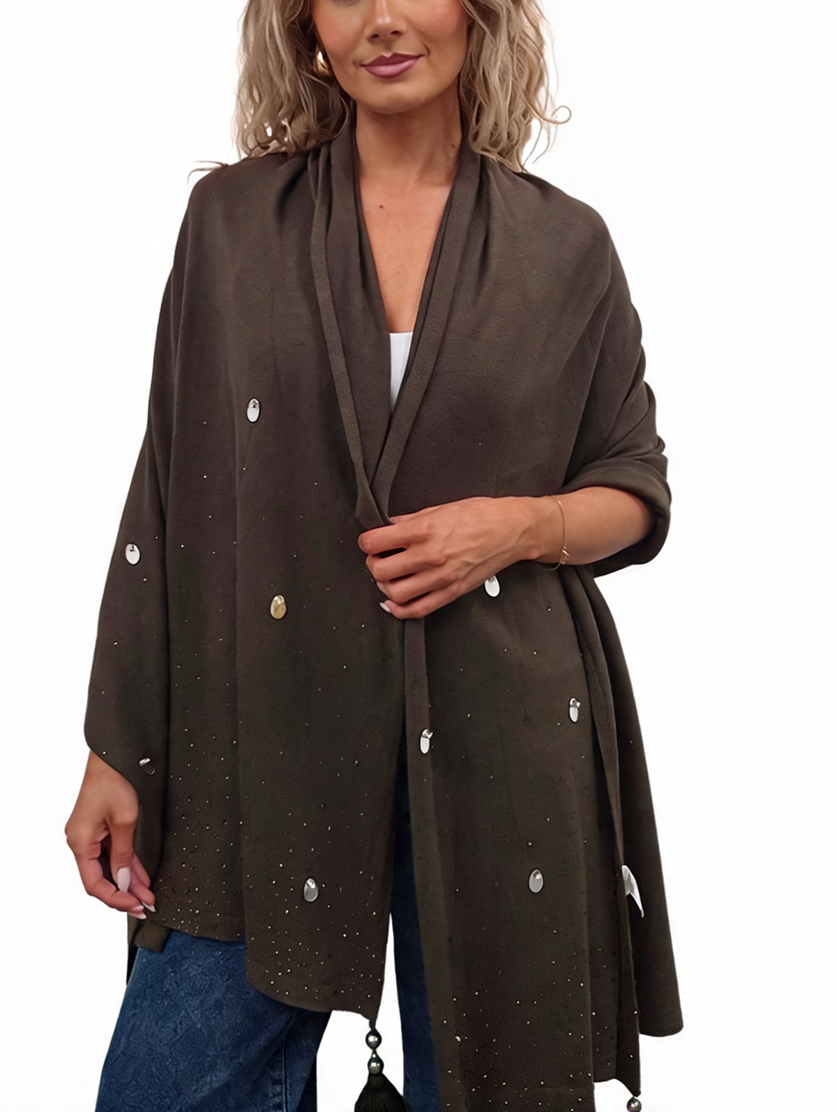 Women's brown speckled open-front cardigan with button and tassel accents