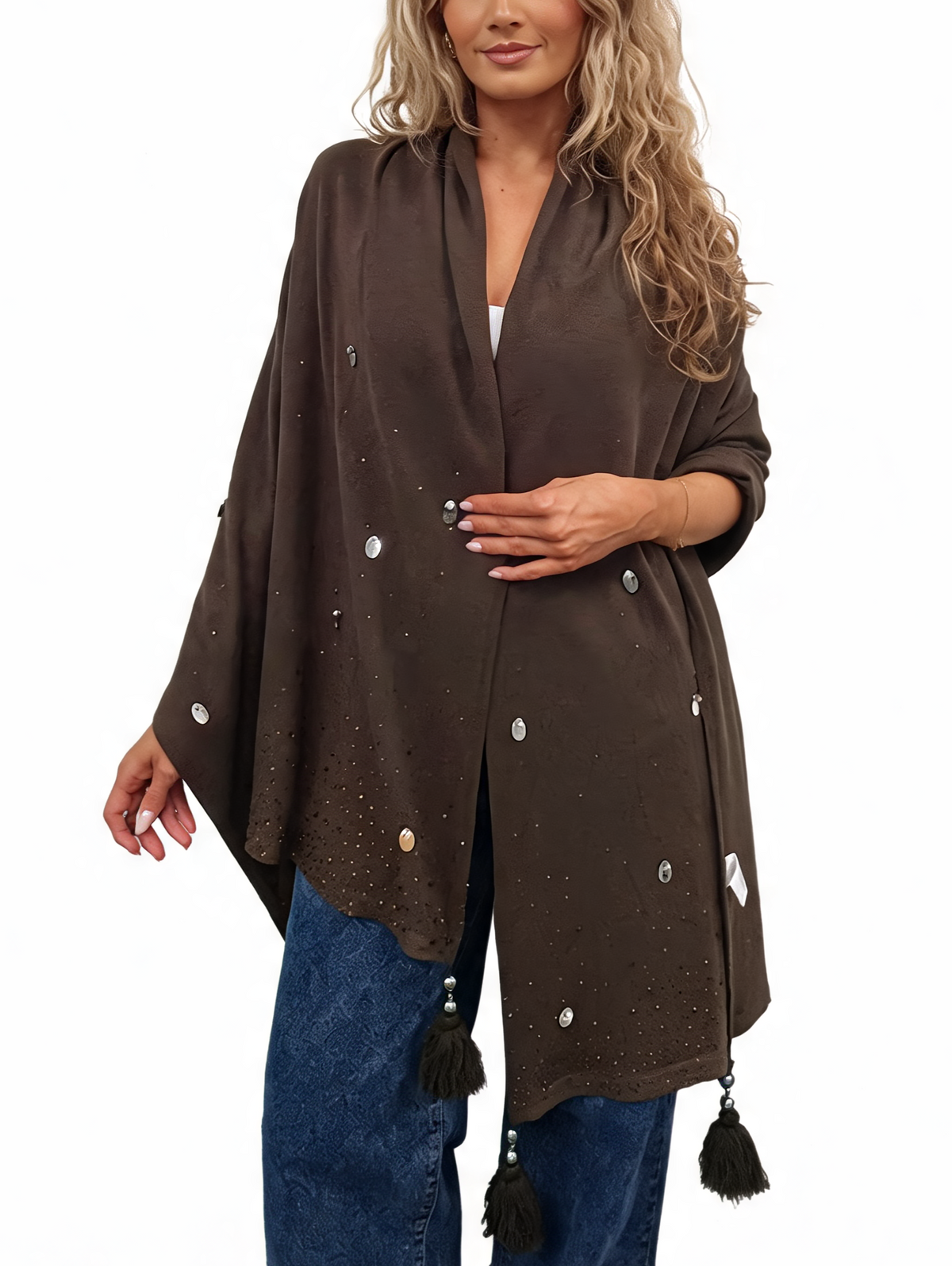 Oversized Embellished Sequin & Crystal Detail and Pearl-Bead Tassels Shawl Scarf