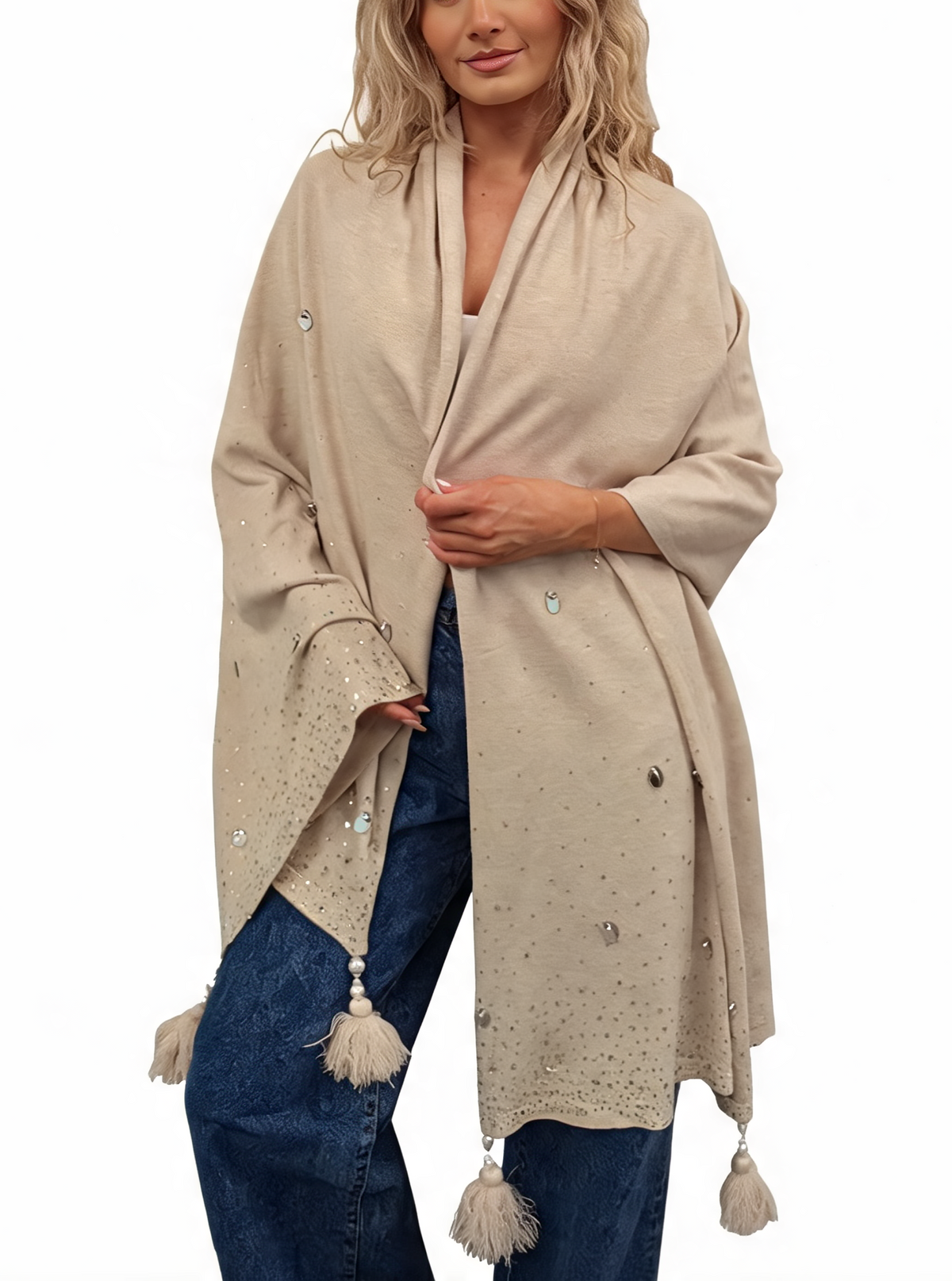 Women's stone speckled open-front cardigan with hanging tassels at hem