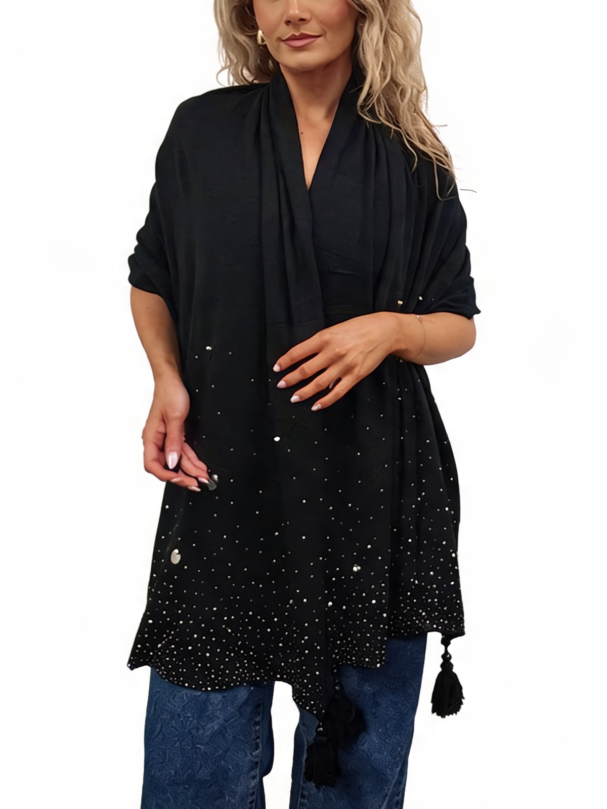 Women's black speckled open-front cardigan with tassel details at sides