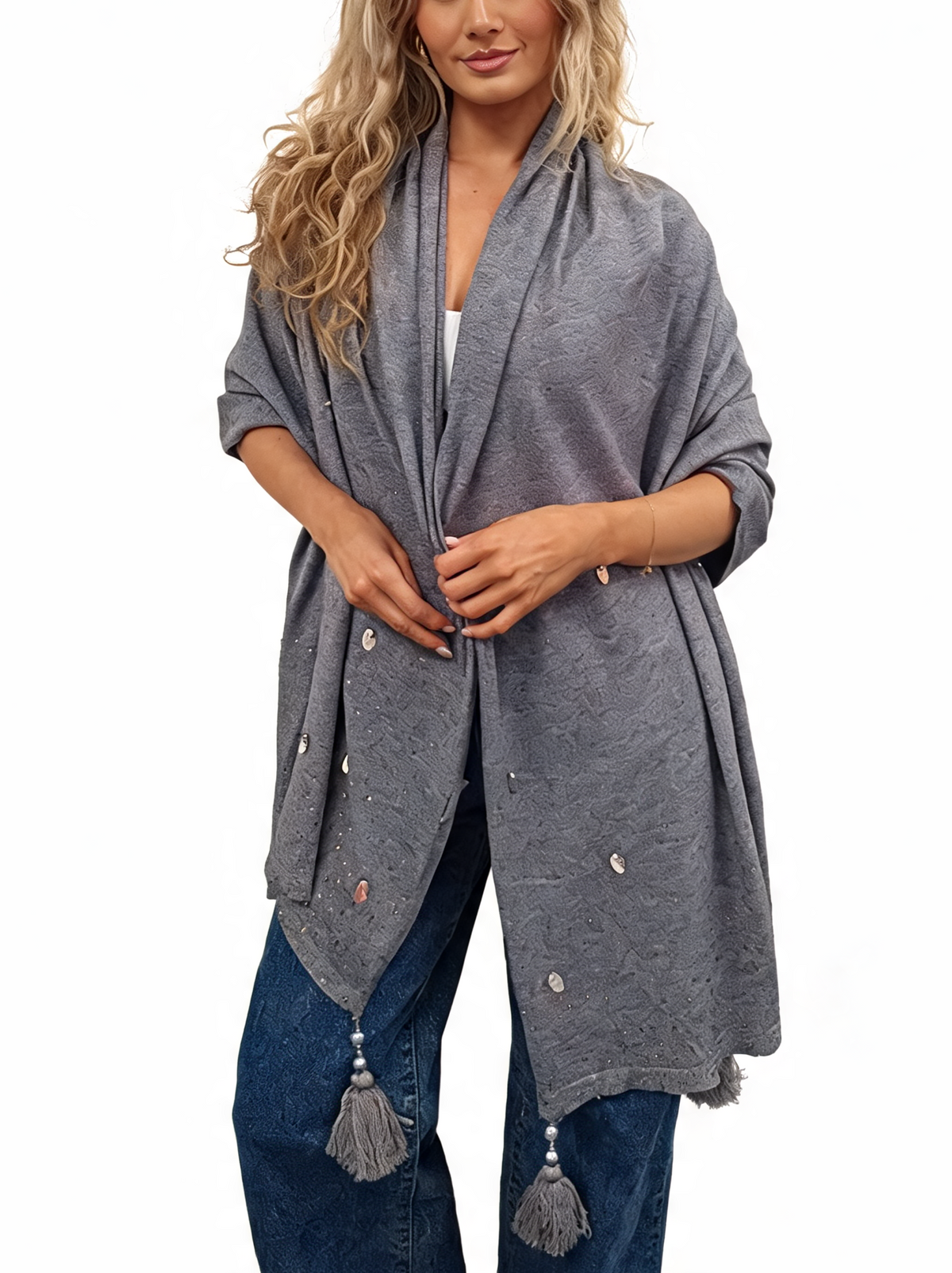 Women's grey speckled open-front cardigan with tassel ties at hem