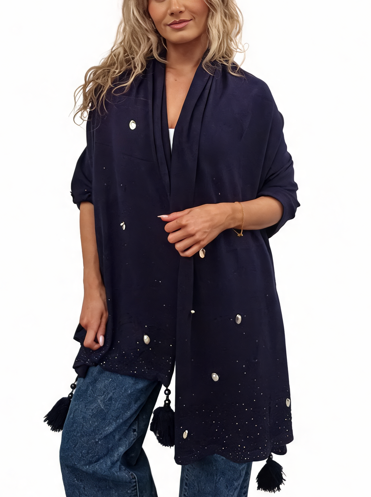 Women's navy speckled open-front cardigan with tassels and button accents