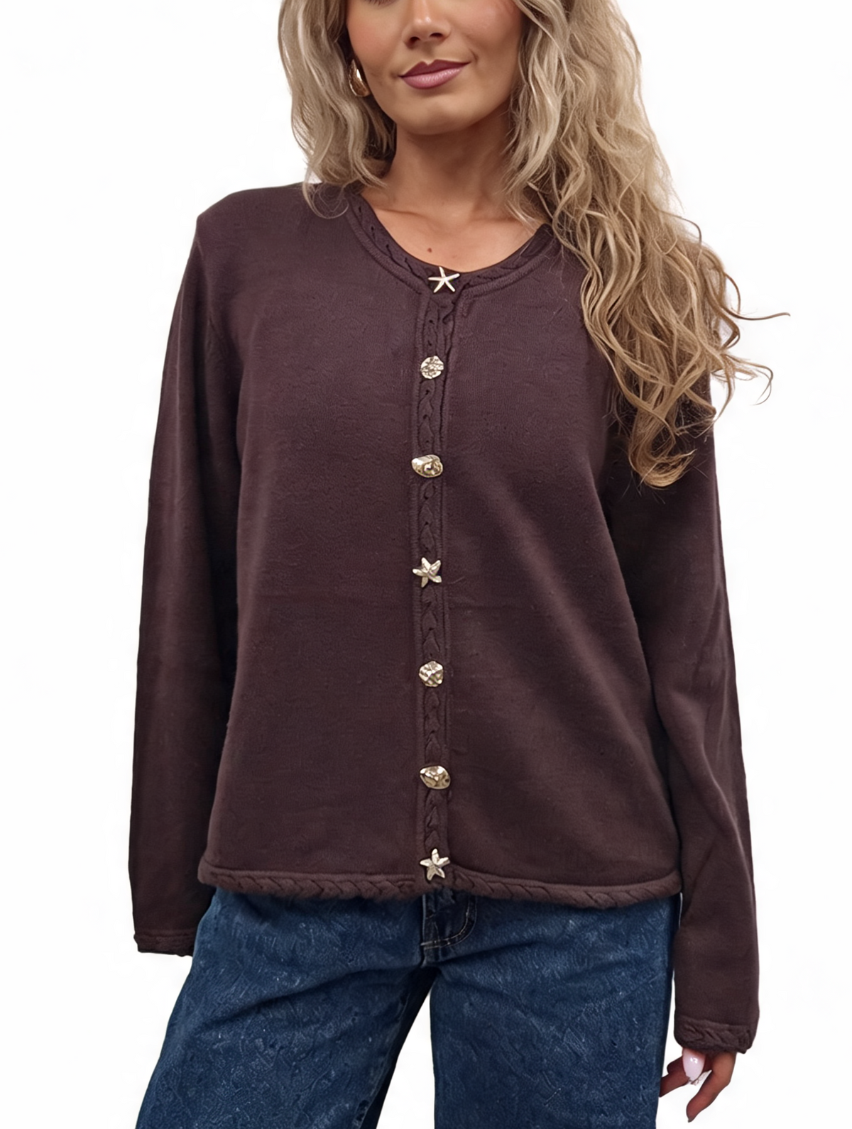 Cropped Relaxed Fit Gold Starfish & Shell Buttons and Braided Cable Trim Cardigan