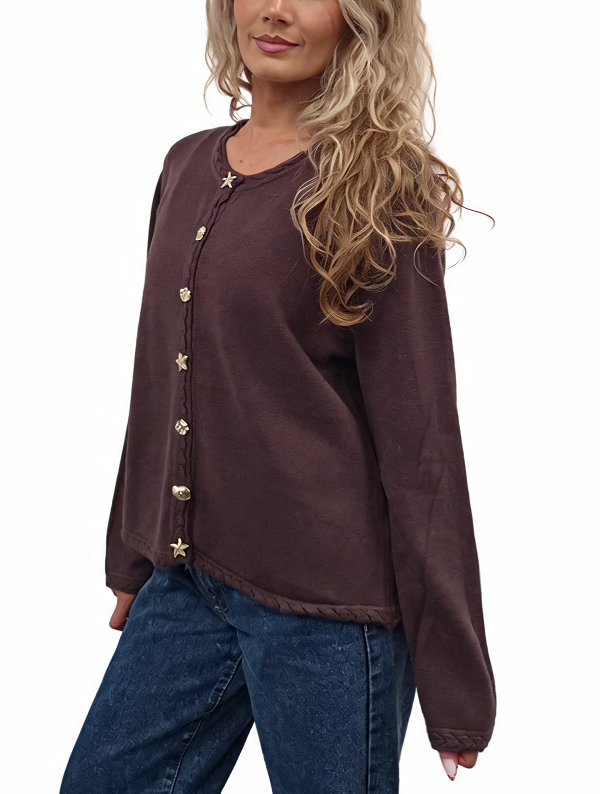 Cropped Relaxed Fit Gold Starfish & Shell Buttons and Braided Cable Trim Cardigan