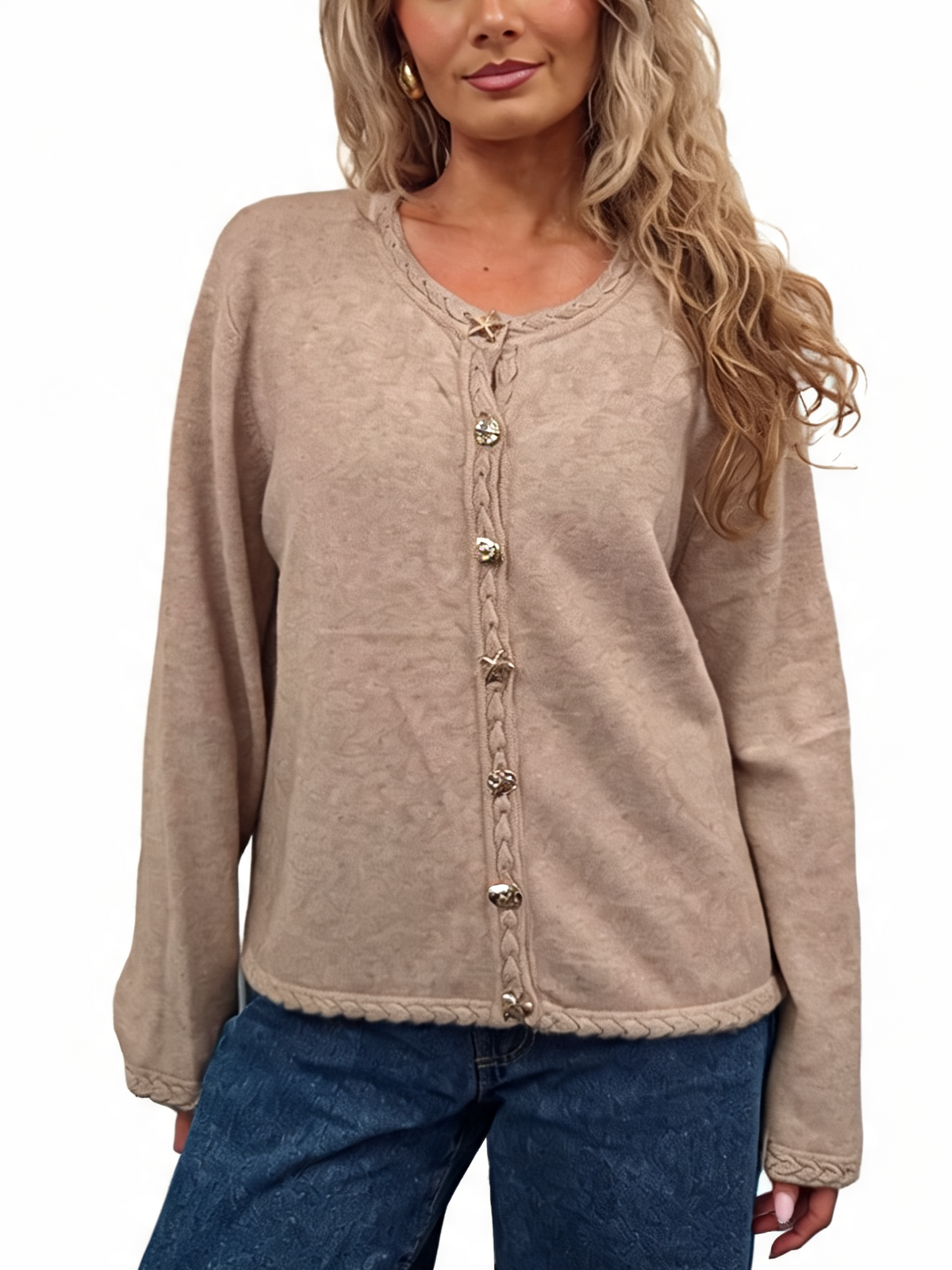 Cropped Relaxed Fit Gold Starfish & Shell Buttons and Braided Cable Trim Cardigan