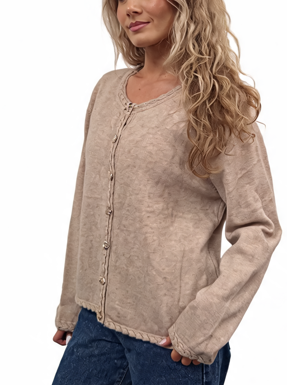 Cropped Relaxed Fit Gold Starfish & Shell Buttons and Braided Cable Trim Cardigan