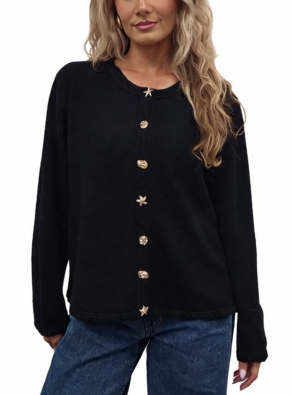 Cropped Relaxed Fit Gold Starfish & Shell Buttons and Braided Cable Trim Cardigan