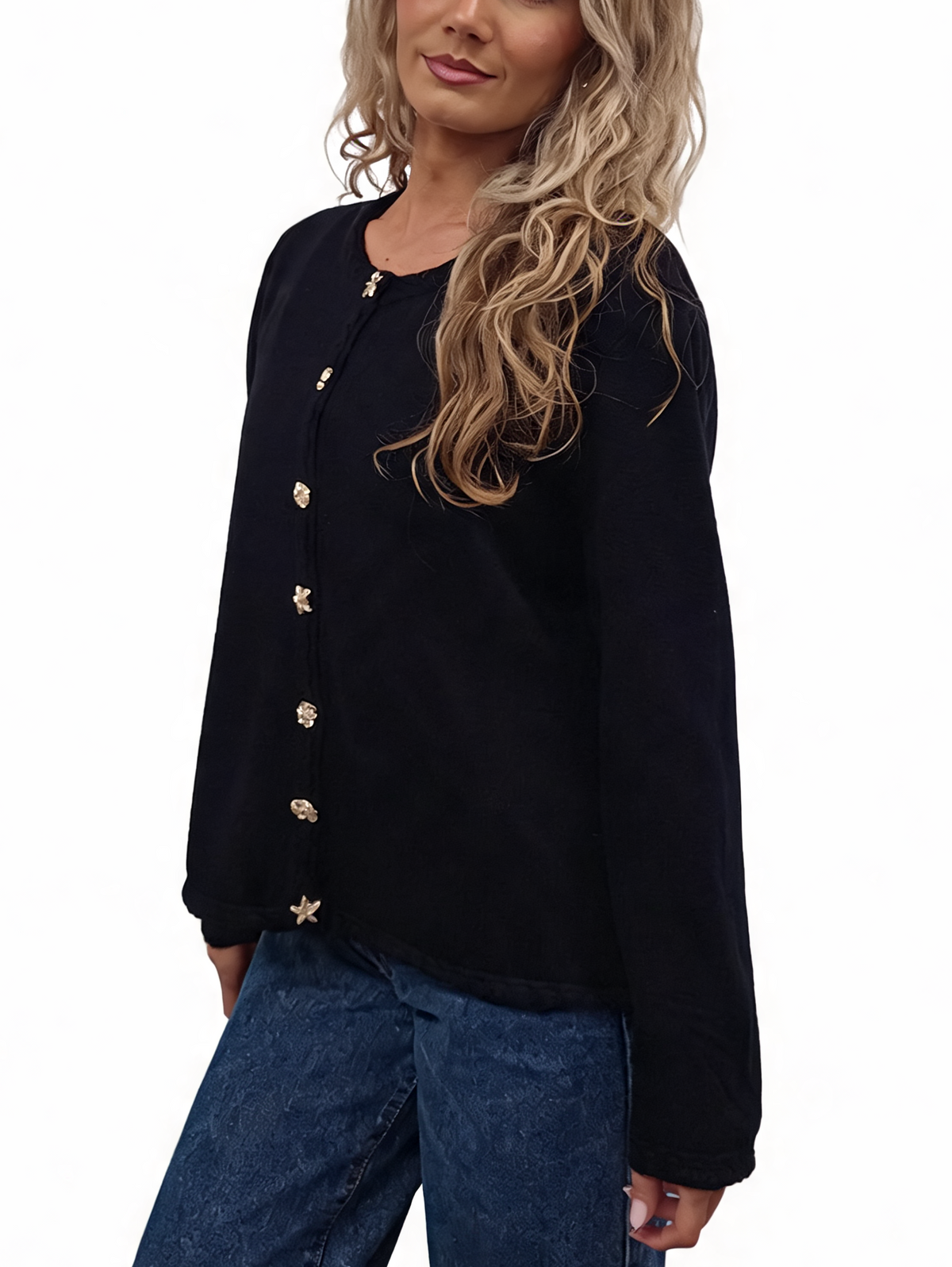Cropped Relaxed Fit Gold Starfish & Shell Buttons and Braided Cable Trim Cardigan